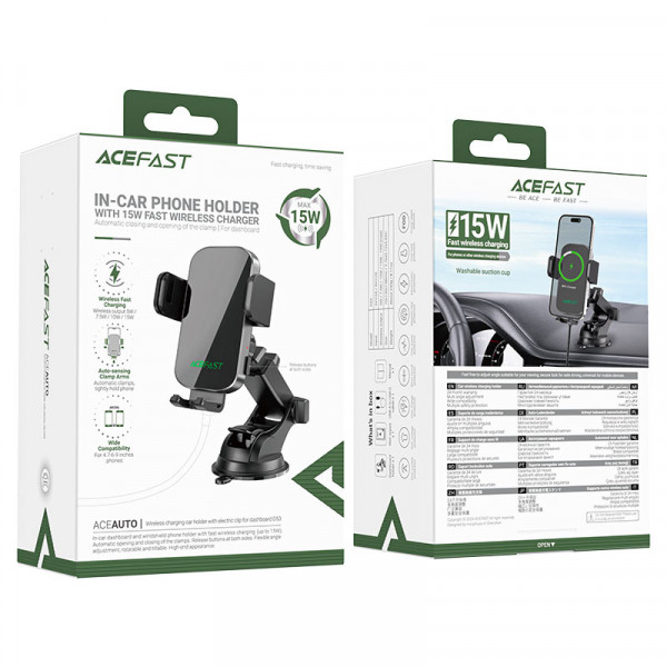 Автотримач для телефона з БЗП ACEFAST D53 wireless charging car holder with electric clamp for dashboard Black (6974316284246)