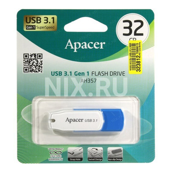 Флеш-накопичувач Apacer USB 3.2 Gen 1 AH357 32GB Blue/White
