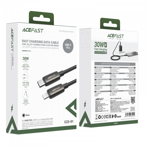 Кабель ACEFAST C23-01, USB to iP, 30W,1.2m, Nylon, Zinc alloy + TPE connectors, Black (6974316285410)