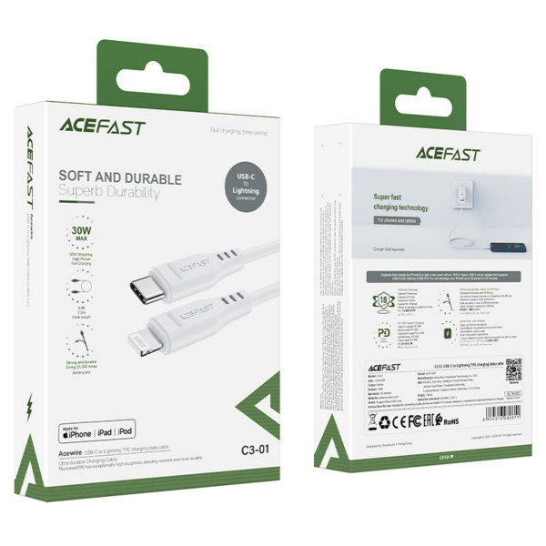 Кабель ACEFAST C3-01 Type-C to iP 3A, 30W, TPE, TPE connectors, Білий