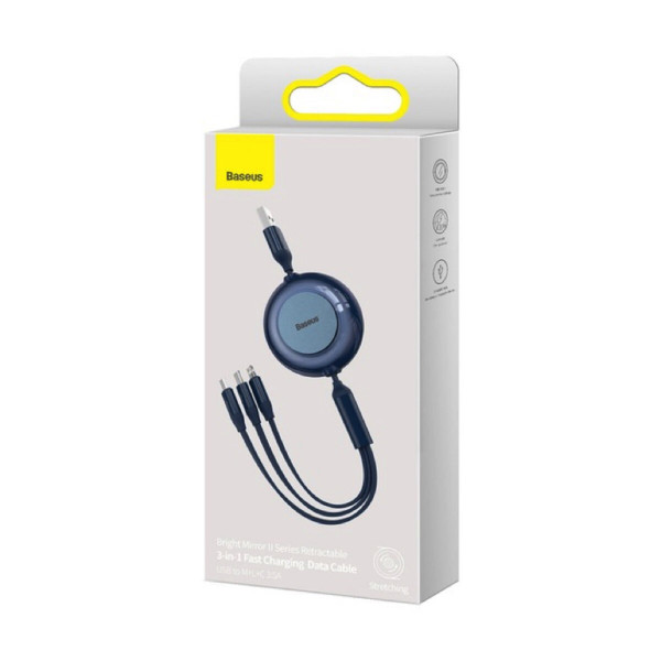 Кабель Baseus Bright Mirror 2 Series Retractable 3-in-1 Fast Charging Data Cable USB to M+L+C 3.5A 1.1m Blue