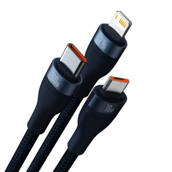 Кабель Baseus Flash Series Ⅱ One-for-three Fast Charging Data Cable USB to M+L+C 100W 1.2m Блакитний