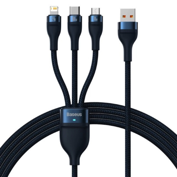 Кабель Baseus Flash Series Ⅱ One-for-three Fast Charging Data Cable USB to M+L+C 100W 1.2m Блакитний