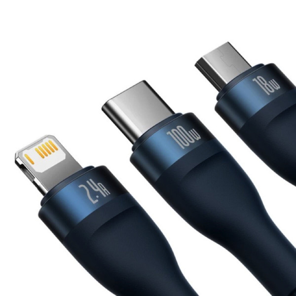 Кабель Baseus Flash Series Ⅱ One-for-three Fast Charging Data Cable USB to M+L+C 100W 1.2m Блакитний