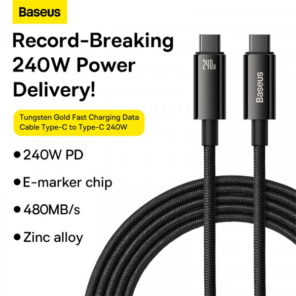 Кабель Baseus Tungsten Gold Fast Charging Data Cable Type-C to Type-C 240W 3m Black (CAWJ040201)