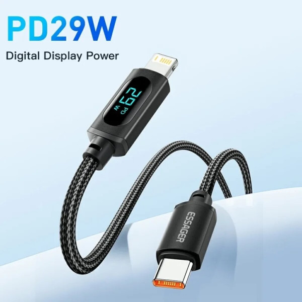 Кабель Essager Enjoy LED Digital Display USB Charging Cable Type C to Lightning 29W 1m чорний (EXCTL-XY01-P)