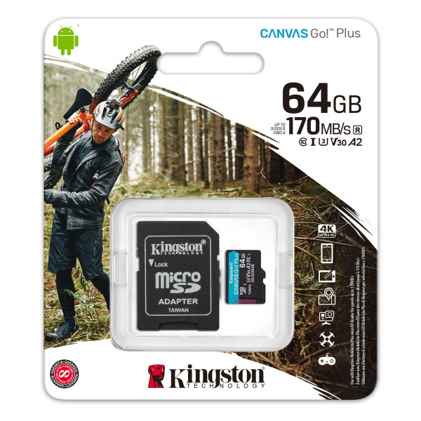 Карта пам'яті microSDXC (UHS-1 U3) Kingston Canvas Go Plus 64Gb class 10 A2 V30 (R170MB/s, W70MB/s) (adapter SD)