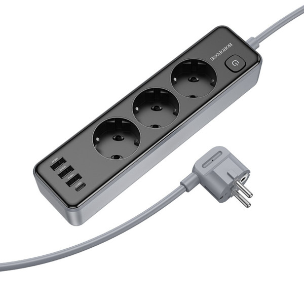 Мережевий подовжувач BOROFONE BAC8 Power 3-position socket(1C3A)(EU/GER)(L=3M) Чорний