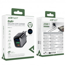Мережевий зарядний пристрій ACEFAST A114 PD25W GaN charger (USB-A+USB-C) with digital display Black (6974316284437)