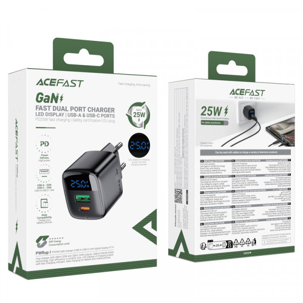 Мережевий зарядний пристрій ACEFAST A114 PD25W GaN charger (USB-A+USB-C) with digital display Black (6974316284437)