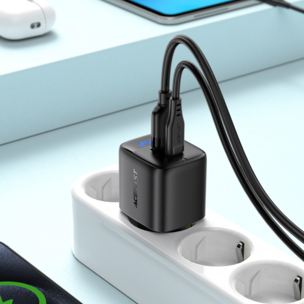 Мережевий зарядний пристрій ACEFAST A114 PD25W GaN charger (USB-A+USB-C) with digital display Black (6974316284437)