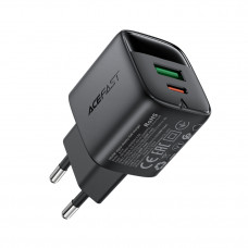 Мережевий зарядний пристрій ACEFAST A114 PD25W GaN charger (USB-A+USB-C) with digital display Black (6974316284437)