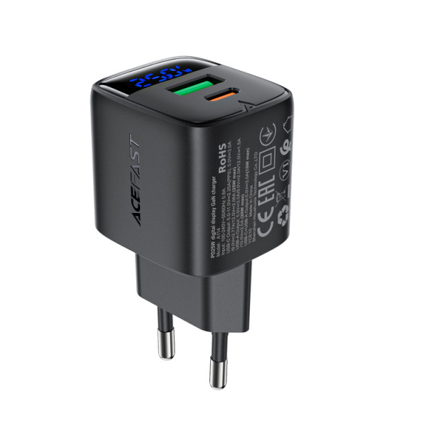 Мережевий зарядний пристрій ACEFAST A114 PD25W GaN charger (USB-A+USB-C) with digital display Black (6974316284437)