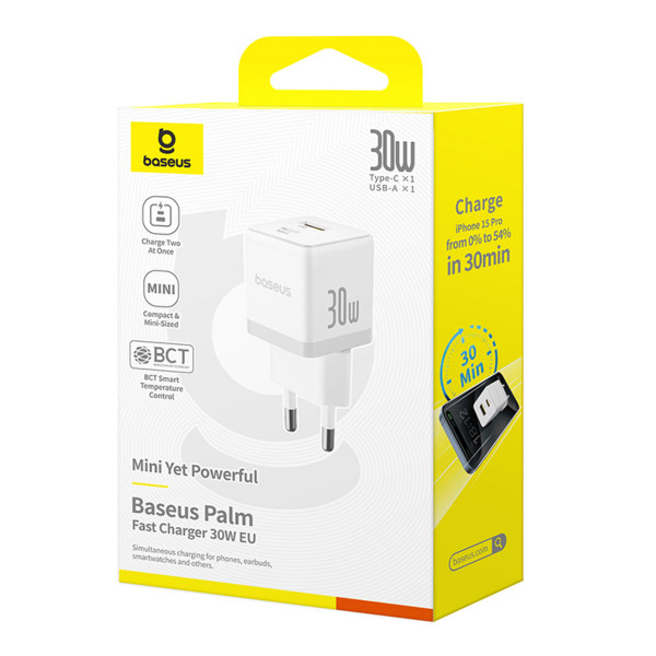 Мережевий зарядний пристрій Baseus Palm Fast Charger C+U 30W EU Moon Білий