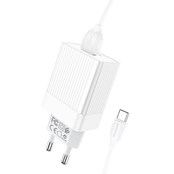 Мережевий зарядний пристрій BOROFONE BA47A Mighty speed single port QC3.0 3A + Type-C cable 18W White
