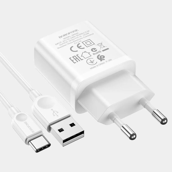 Мережевий зарядний пристрій BOROFONE BA68A Glacier single port charger set(Type-C) 10.5W Білий
