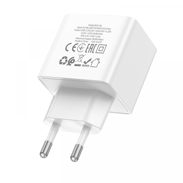 Мережевий зарядний пристрій BOROFONE BAS13A Erudite single port PD20W charger(EU) White