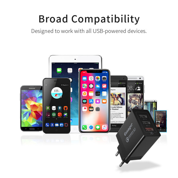 Мережевий зарядний пристрій Essager Fangbo QC3.0 3U (QC+Dual 2.4A) Charging Head black (ECTQC3-FBB01