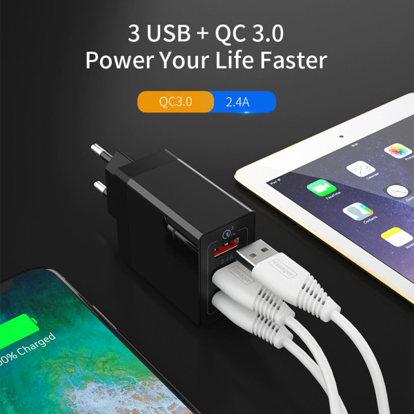 Мережевий зарядний пристрій Essager Fangbo QC3.0 3U (QC+Dual 2.4A) Charging Head black (ECTQC3-FBB01