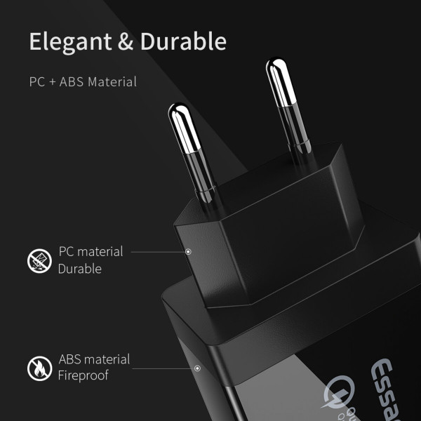 Мережевий зарядний пристрій Essager Fangbo QC3.0 3U (QC+Dual 2.4A) Charging Head black (ECTQC3-FBB01