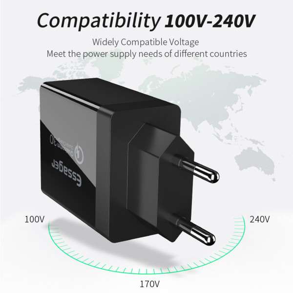 Мережевий зарядний пристрій Essager Fangbo QC3.0 3U (QC+Dual 2.4A) Charging Head black (ECTQC3-FBB01