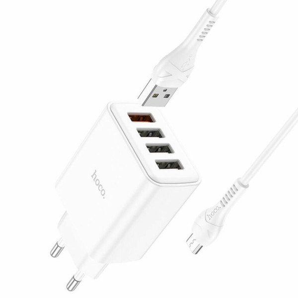 Мережевий зарядний пристрій HOCO C102A Fuerza QC3.0 four-port charger set(Micro) 18W White