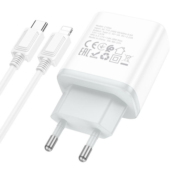 Мережевий зарядний пристрій HOCO C104A Stage single port PD20W charger set (C to iP)(EU) Білий