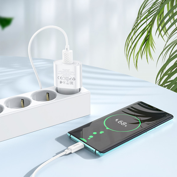 Мережевий зарядний пристрій HOCO C109A Fighter single port QC3.0 charger set(Type-C) White (6931474784834)