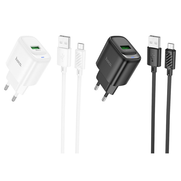 Мережевий зарядний пристрій HOCO C140A Smart single port QC3.0 charger set(Micro)(EU) Black