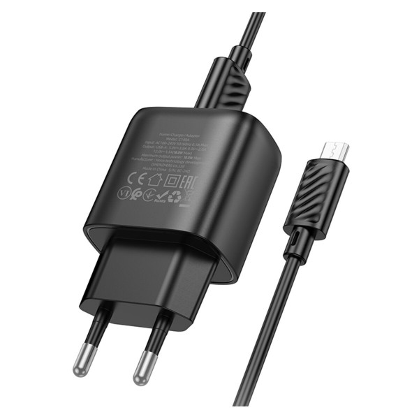 Мережевий зарядний пристрій HOCO C140A Smart single port QC3.0 charger set(Micro)(EU) Black