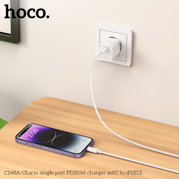 Мережевий зарядний пристрій HOCO C148A Charm single port PD30W charger set (C to iP) (EU) White