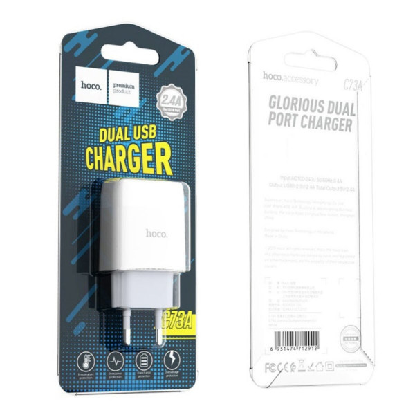 Мережевий зарядний пристрій HOCO C73A Glorious dual port charger 12W Білий