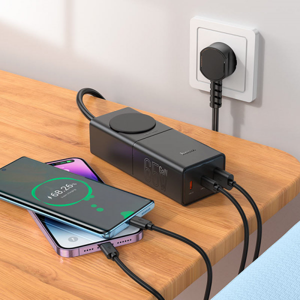 Мережевий зарядний пристрій HOCO NS4 Sharp PD65W(2C1A) desktop socket(EU/GER) Чорний