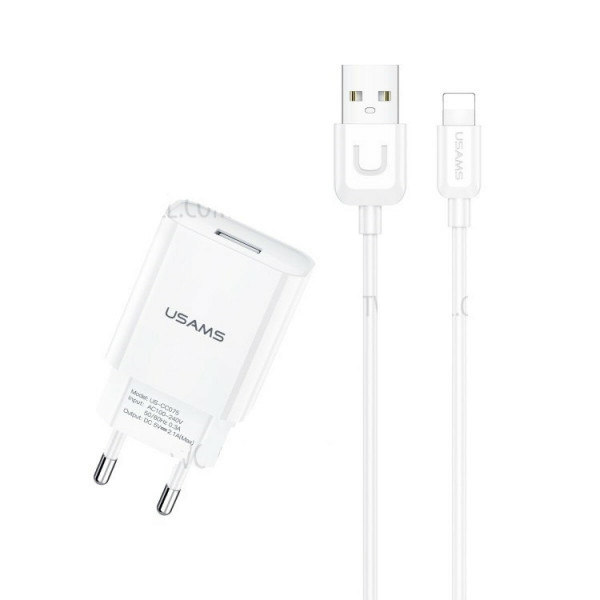 Мережевий зарядний пристрій Usams T21 Charger kit T18 single USB EU charger +Uturn Lightning cable White