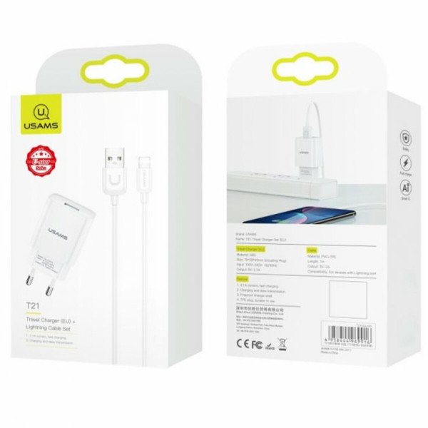 Мережевий зарядний пристрій Usams T21 Charger kit T18 single USB EU charger +Uturn Lightning cable White