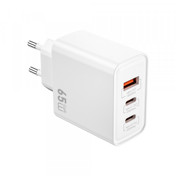 Мережевий зарядний пристрій WIWU 65W Essen GaN Fast Charger 1A+2C Wi-G005 EU White (6977703653755)