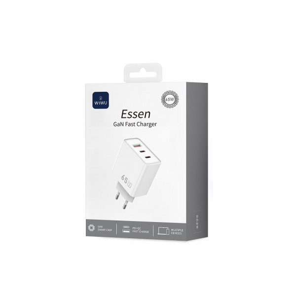 Мережевий зарядний пристрій WIWU 65W Essen GaN Fast Charger 1A+2C Wi-G005 EU White (6977703653755)