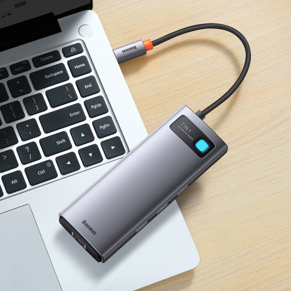 USB-Hub Baseus Metal Gleam Series 7-in-1 Multifunctional Type-C HUB Docking Station Gray （Type-C to HDMI*2+USB3.0*3+PD*1+RJ45*1）