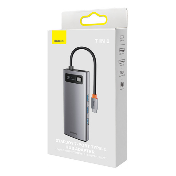 USB-Hub Baseus Metal Gleam Series 7-in-1 Multifunctional Type-C HUB Docking Station Gray （Type-C to HDMI*2+USB3.0*3+PD*1+RJ45*1）