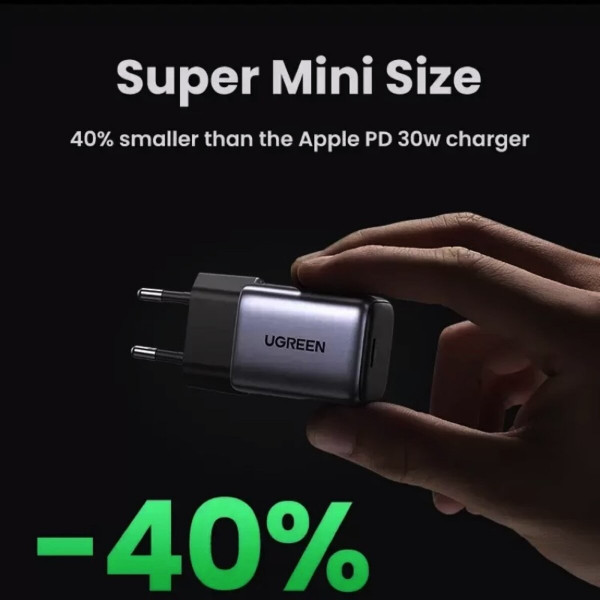 Зарядний пристрій UGREEN CD319 USB-C GaN Fast Charger 30W EU (Space Gray)(UGR-90666)