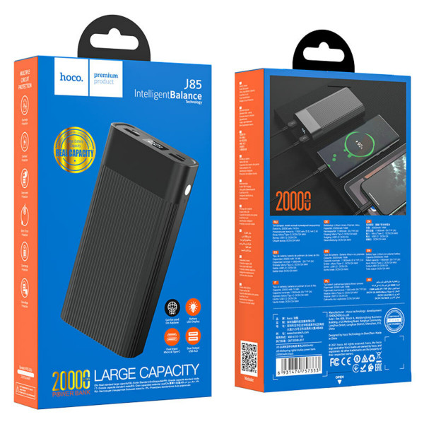 Зовнішній акумулятор HOCO J85 Wellspring digital display power bank(20000mAh) Black