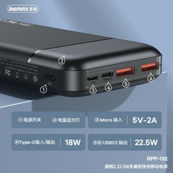 Зовнішній акумулятор REMAX Lango II Series QC 22.5W + PD 18W Multi-compatible Fast Charging Power Bank 20000mAh RPP-192 Black