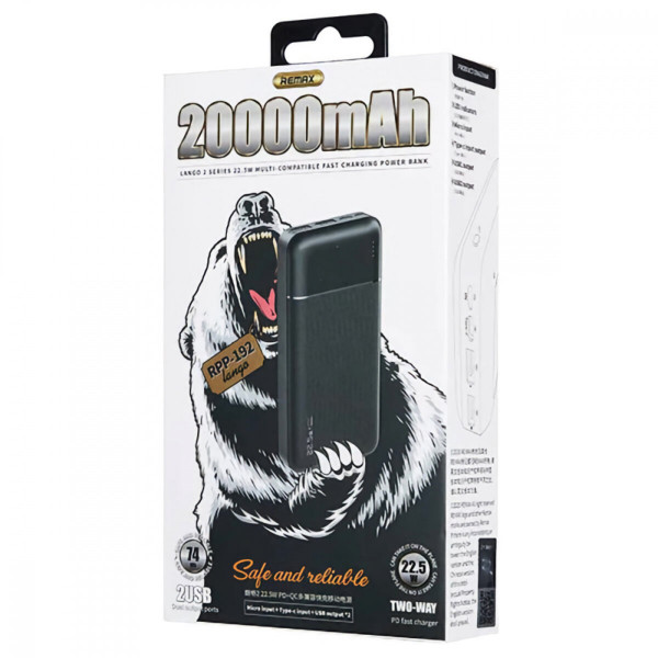 Зовнішній акумулятор REMAX Lango II Series QC 22.5W + PD 18W Multi-compatible Fast Charging Power Bank 20000mAh RPP-192 Black