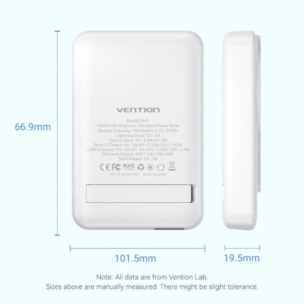 Зовнішній акумулятор Vention 10000mAh Magnetic Wireless Power Bank (USB-C + Lightning + USB-C + USB-A +Wireless) 22.5W Білий LED Display Type (FHTW0)