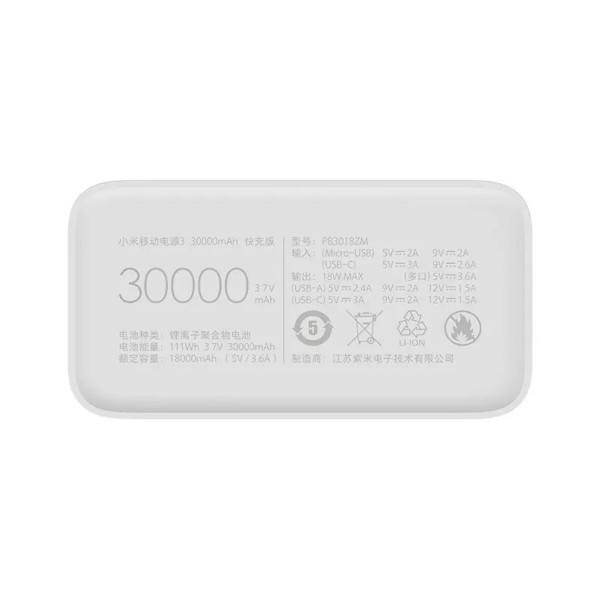Зовнішній акумулятор Xiaomi Mi Power Bank 3 30000mAh 24W Fast Charge PB3018ZM White