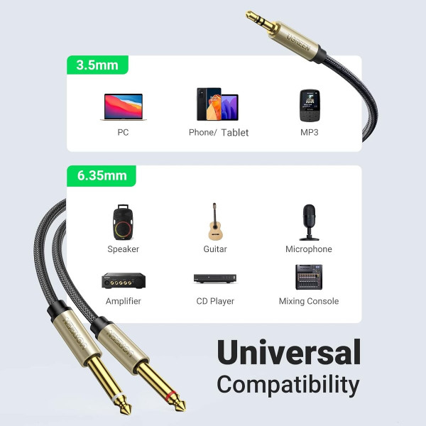 Аудіо кабель UGREEN 3.5mm TRS to Dual 6.35mm TS Audio Cable 1m (Gray)