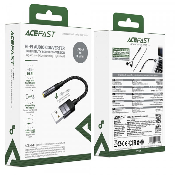 Аудіокабель ACEFAST J13 USB-A to 3.5mm female, nylon braid, 0.15m, Black (6974316285298)