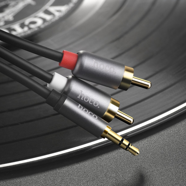 Аудіокабель HOCO UPA10 3.5mm male to double lotus RCA, TPE, 1.5m, Metal Gray (6957531078142)