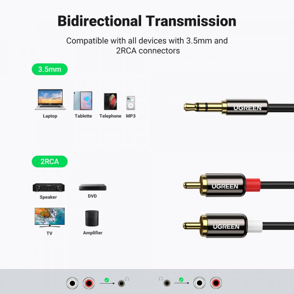Аудіокабель UGREEN AV116 3.5mm Male to 2RCA Male, PVC, 1m Black (UGR-10749)