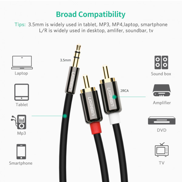 Аудіокабель UGREEN AV116 3.5mm Male to 2RCA Male, PVC, 1m Black (UGR-10749)